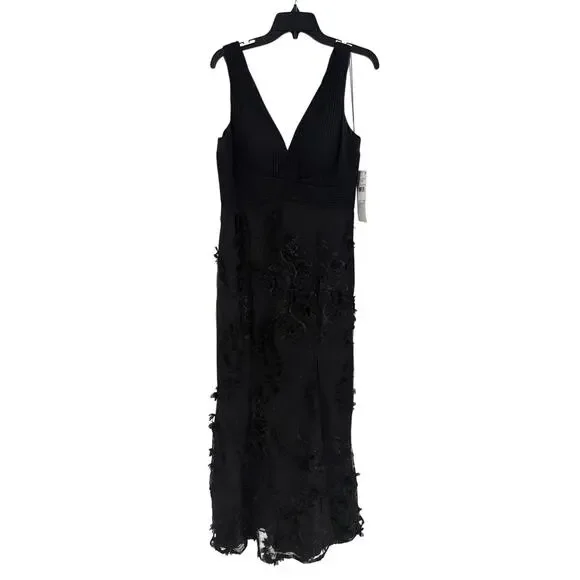 Adrianna Papell Black Floral Appliqu Double V Neck Mermaid Gown Size 10
